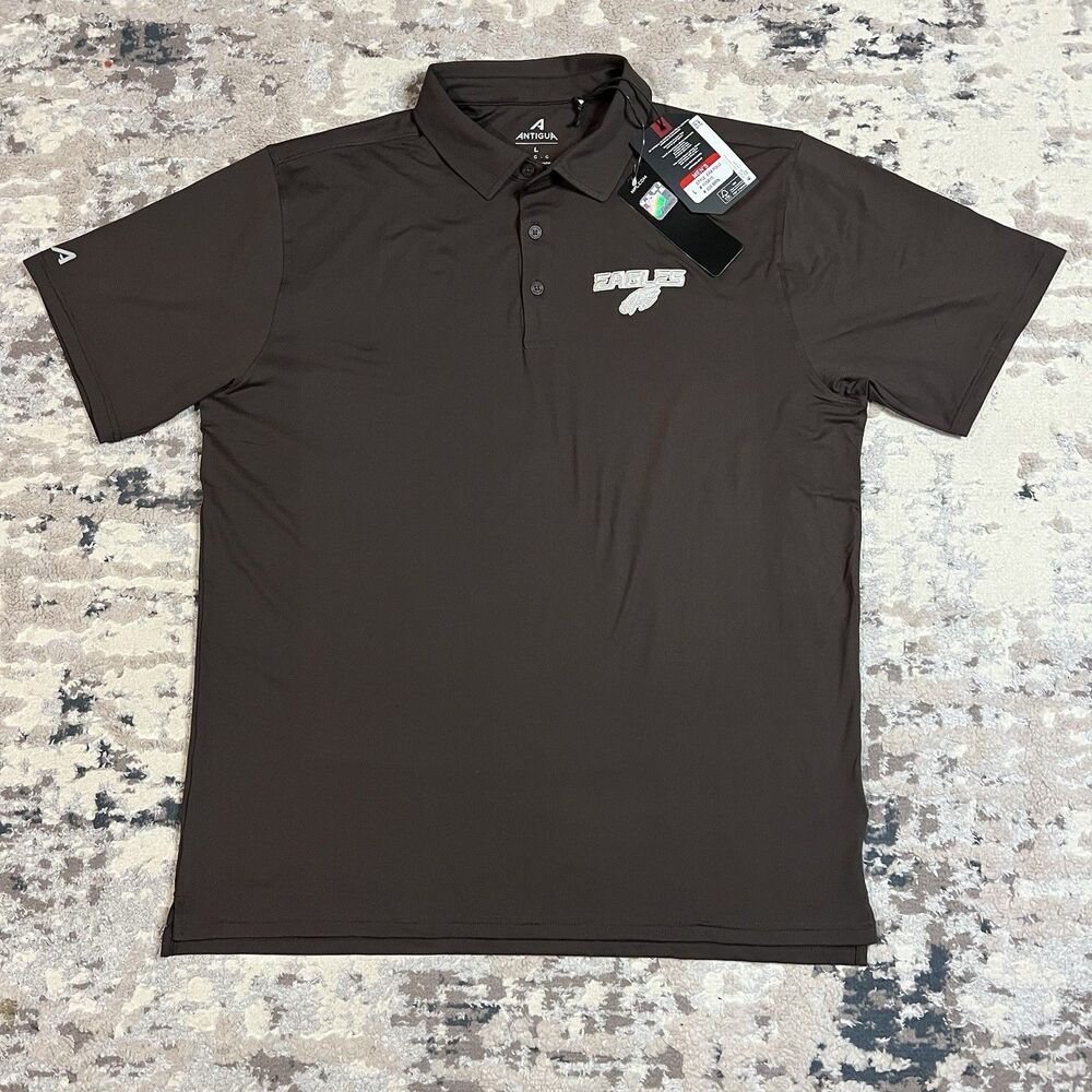 Antigua NWT Brown Polo Shirt Men Sz L Philadelphia Eagles NFL Team Log Let's Fly
